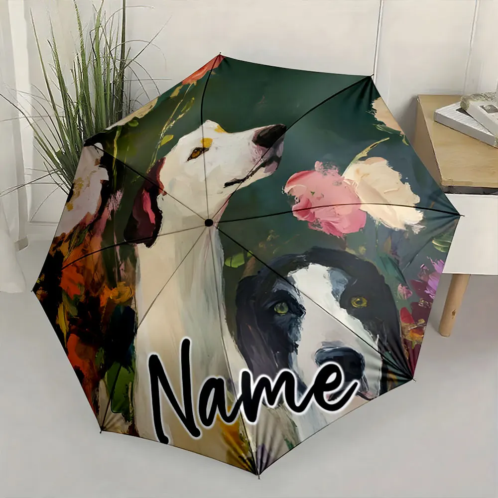 Custom Name Artistic Dog-Themed Umbrella with Floral Background Print 8 Iron Ribs Folding Umbrella Auto-Open Fashion Sunshade