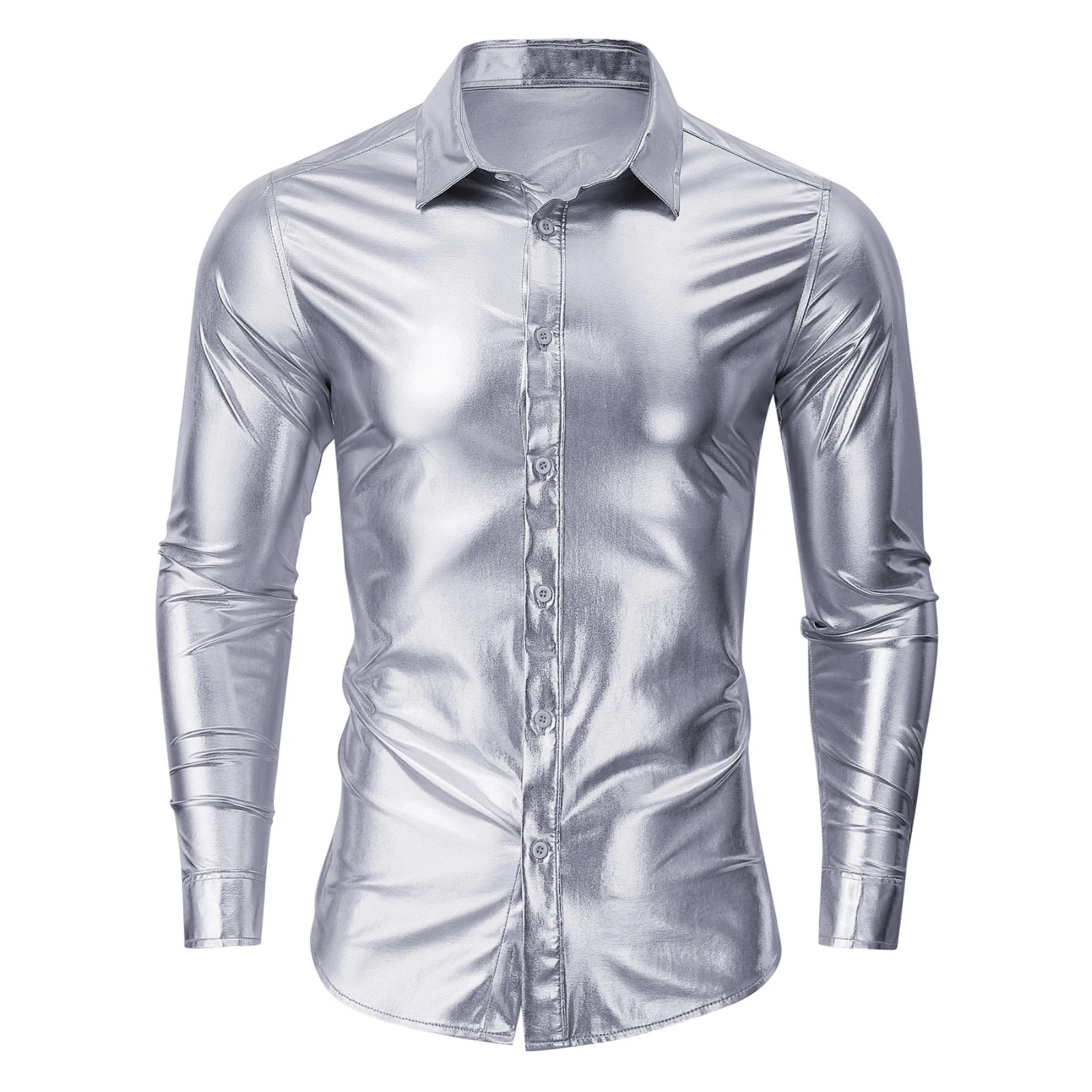 Men 70's Disco Metallic Shiny Silver Shirts Regular Fit Long Sleeve Clothing Male Fashion Party Nightclub Prom Banquet Chemise