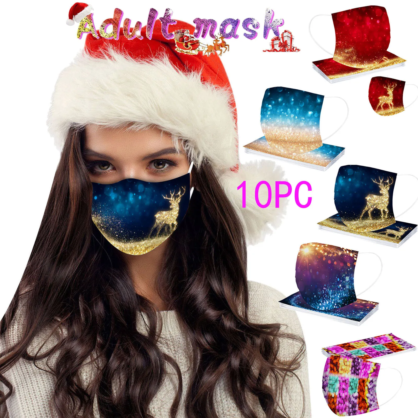 10pcs Adult Men And Women Christmas Shiny Printed Disposable Meltblown Fabric Three-Layer Protective Mask For Party Wear