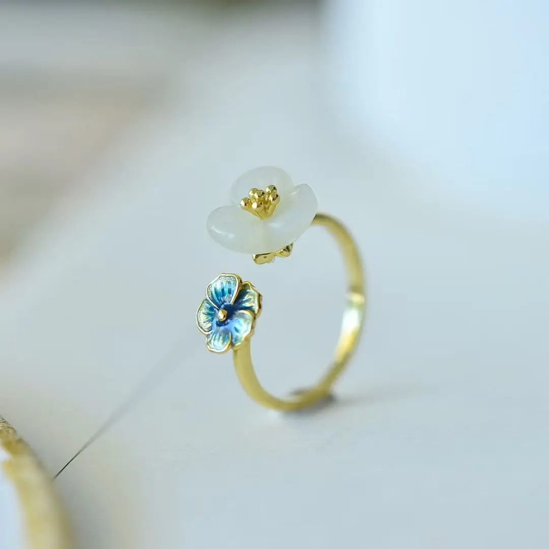 

Certificated Sweet 925 Silver Natural Nephrite Flower Open Ring For Girl Fashion Enamel Floral Real White Jade Band Fine Jewelry