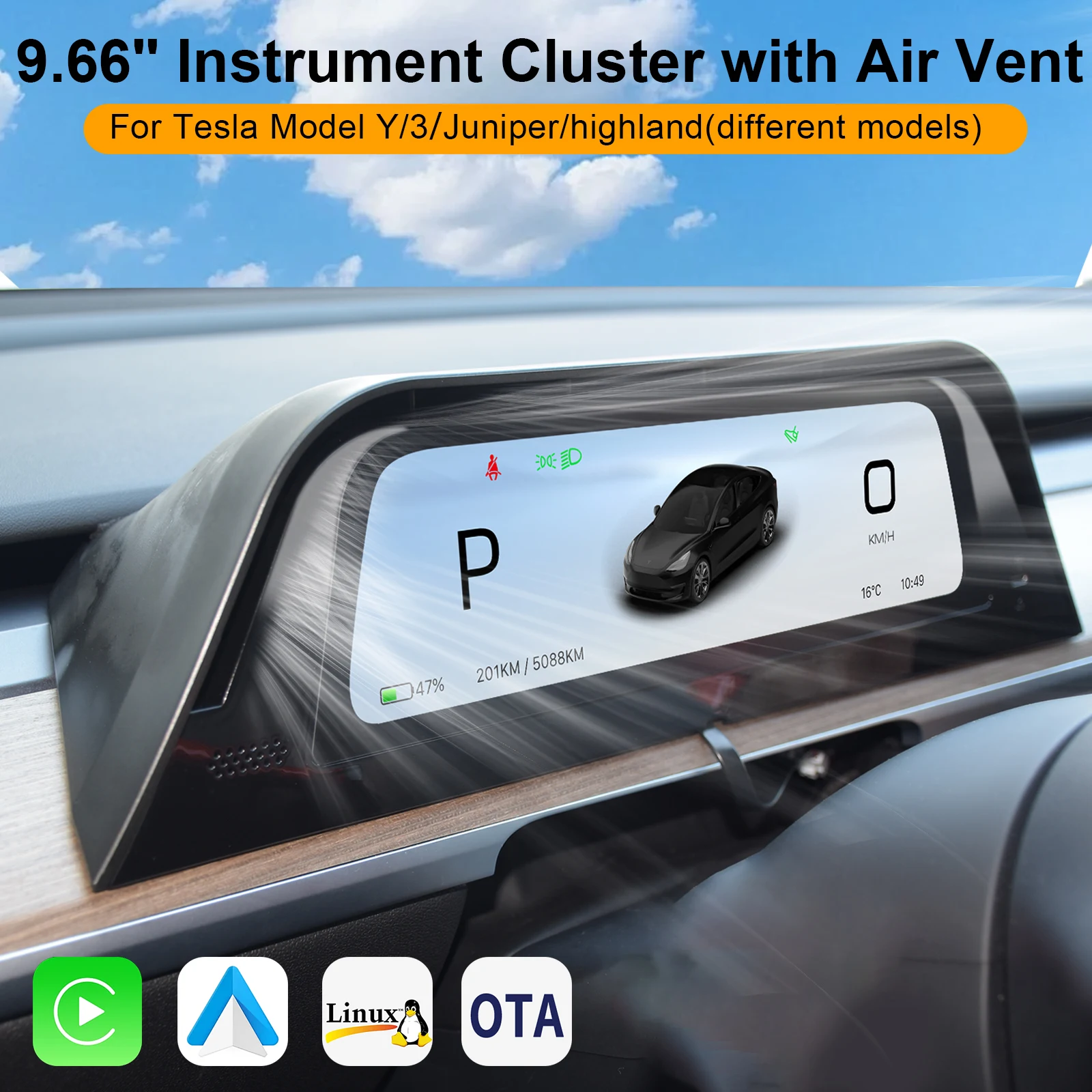 Model 3 Highland Cluster for Tesla Y Juniper Instrument Panel HUD Front Display Head Up High Dashboard Monitor Driver Screen