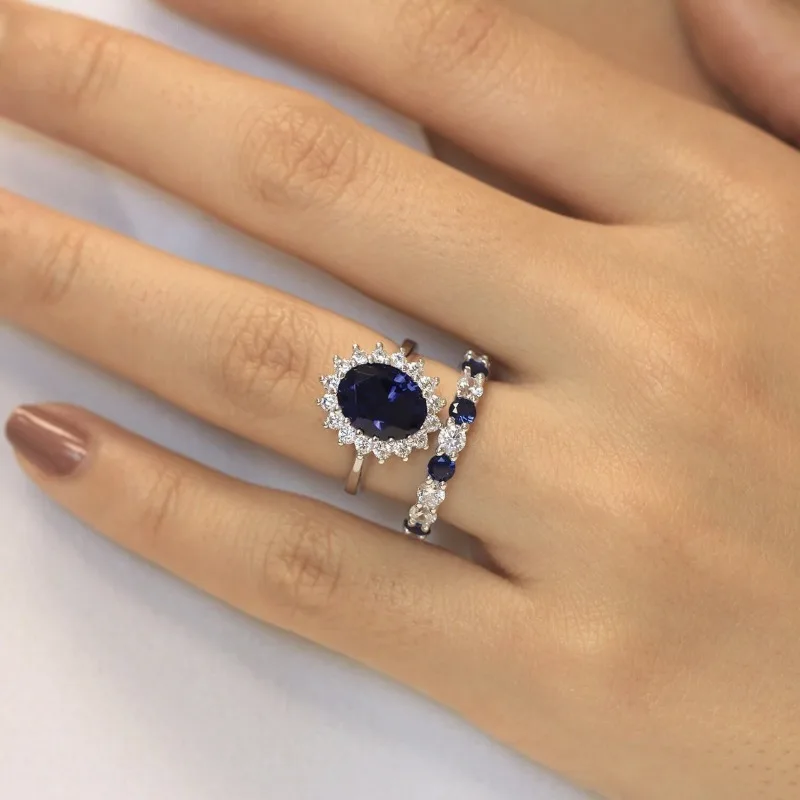 Exquisite Silver Color Flower Geometry Ring for Women Set Fashion Metal Inlaid Blue White Stones Ring Set Jewelry