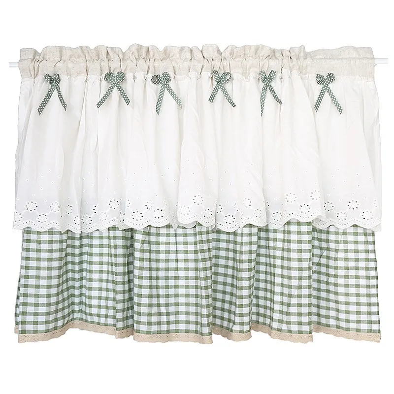 

Japanese style small fresh green lattice white cotton embroidered curtains, cotton and linen door curtains, non-perforated shadi