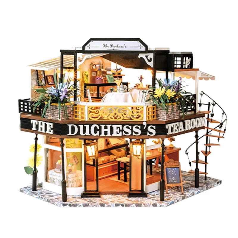 DIY Wooden Miniature Model Kit The Duchess's Tea Room Casa Doll Houses 3D Puzzle Dollhouse With Light for Friends Birthday Gifts