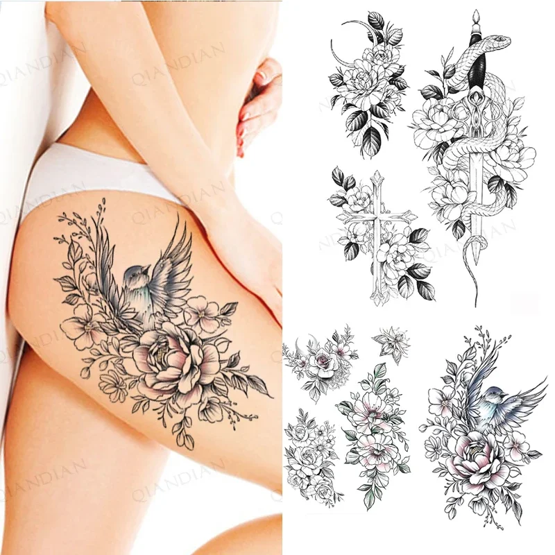 2PCS Waterproof Temporary Bird Snake Sexy Body Arm Leg Gem Henna Tattoo Fashion Big Fake Sleeve Sticker Tattoo Sticker