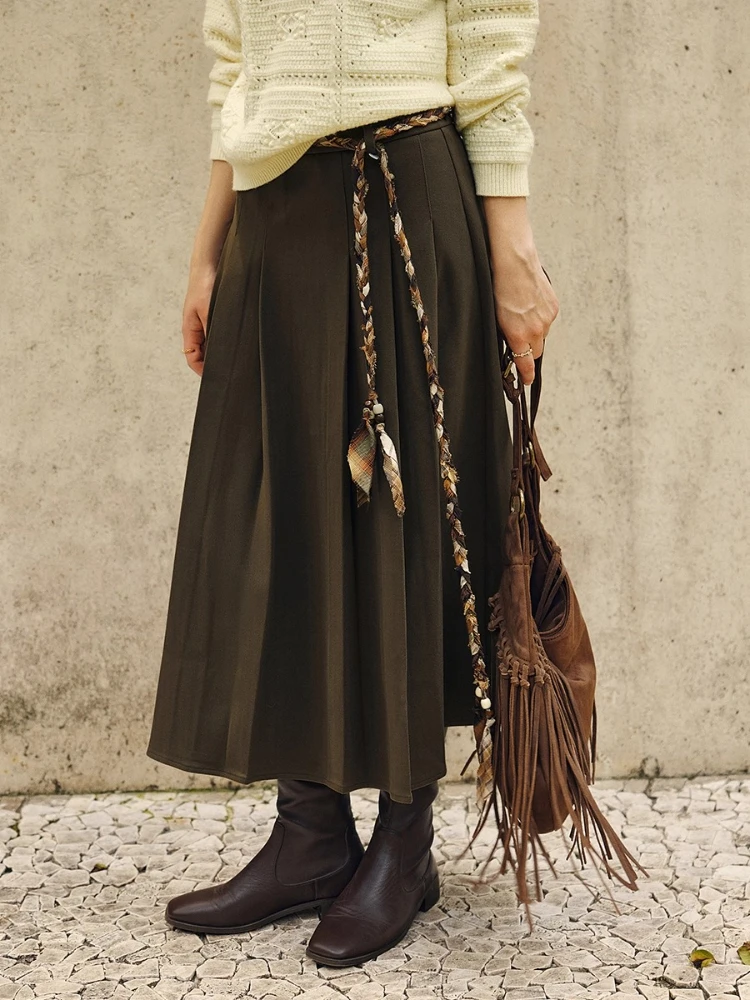 

OLrain Women's Pleated Skirts 2025 Autumn High-waist Loose Midi Skirt Solid Lace Up A-line Skirt Elelgant Clothing O57QB001363