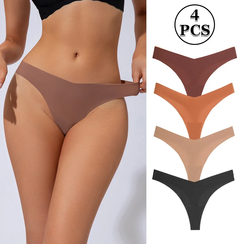 4 pieces ice silk seamless women's thong mid-waist nude comfortable breathable V-shaped sexy T pants sports invisible underwear