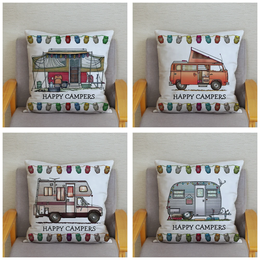 Funda de almohada con estampado de búho, cubierta suave de felpa corta para cojín de sofá, decoración del hogar, campistas felices, 45x45cm