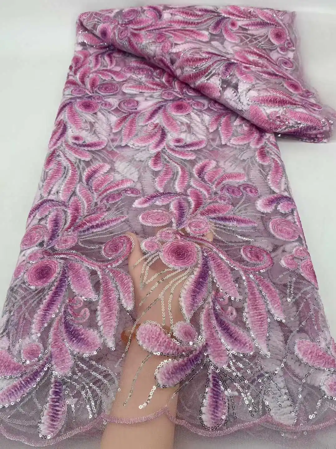 

African Lace Fabric 2025 High Quality French 3D Flower Peach Sequins Embroidery Beads Tulle Lace Fabric For Party Dress 5 Yard