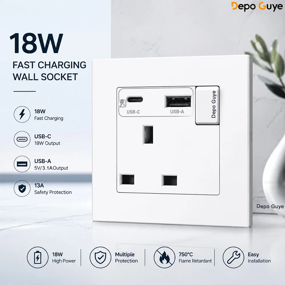 UK 13A Wall Socket with USB Type C 18W Quick Charge Power Outlet,Universal Electrical  Wall Light Switch Dual 3-pin Socket 220V