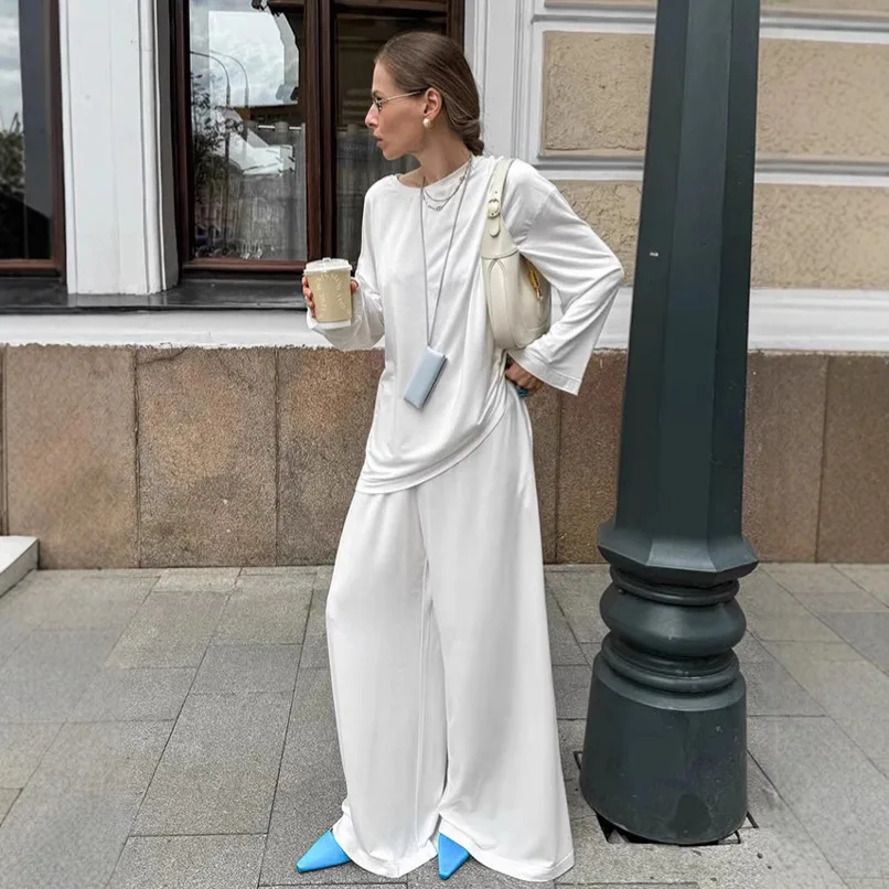 

Осенний женский комплект из двух предметов с напуском, белые футболки с круглым вырезом и длинными рукавами для женщин, женские широкие брюки с высокой талией