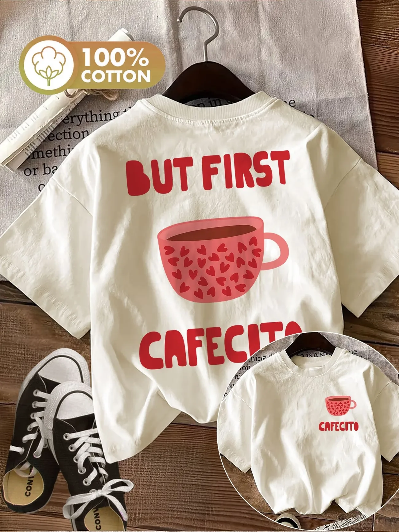 But First Cafecito Coffee Grafik-T-Shirt für Damen, Baumwolle, Harajuku, Kawaii, Herz-Tasse-Aufdruck, Rundhalsausschnitt, kurz, für den Alltag, Basic-Mode-Top – Detail 2