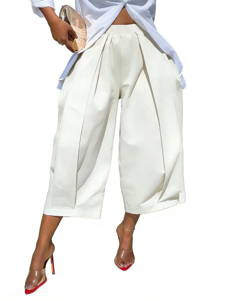 Yeezzi 2026 Neue Damen Elastische Hochgeschnittene Plissierte Weite Capri-Hose Einfarbige Lässige Alltags- und Büro-Baumwoll-Culottes – Detail 10