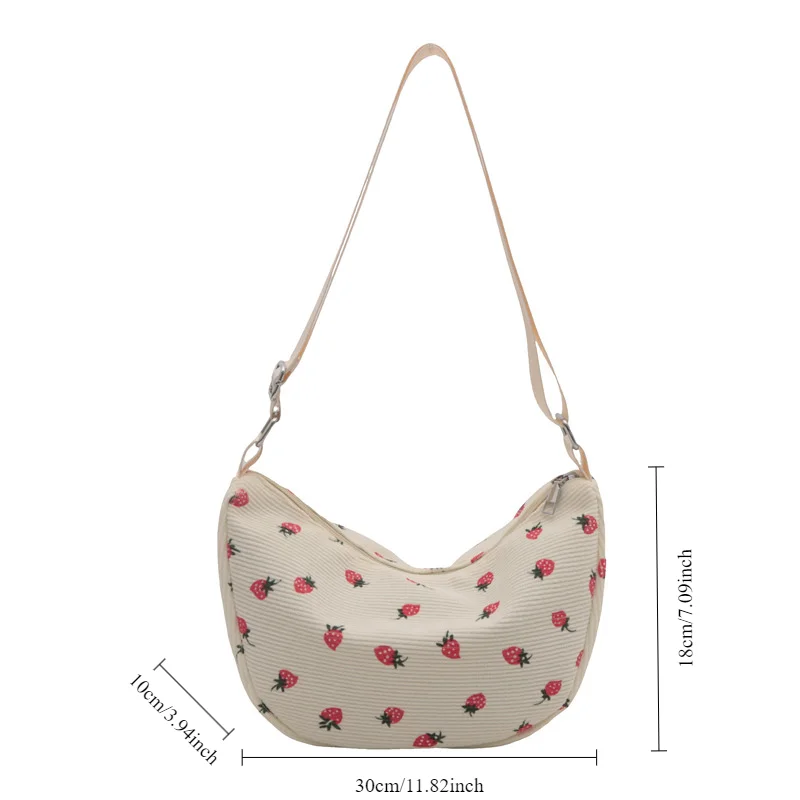 Aardbeienprint Zwervertas Student Zomer Forens Crossbody Hobo Tas Corduroy Verse Sierlijke Dames Schouder Onderarmtas