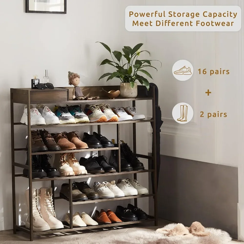 Apicizon Bamboo Shoe Rack for Entryway, 6-Tier Wood Shoe Organizer for Closet with Storage Box, Large Shoe Cabinet for Closet