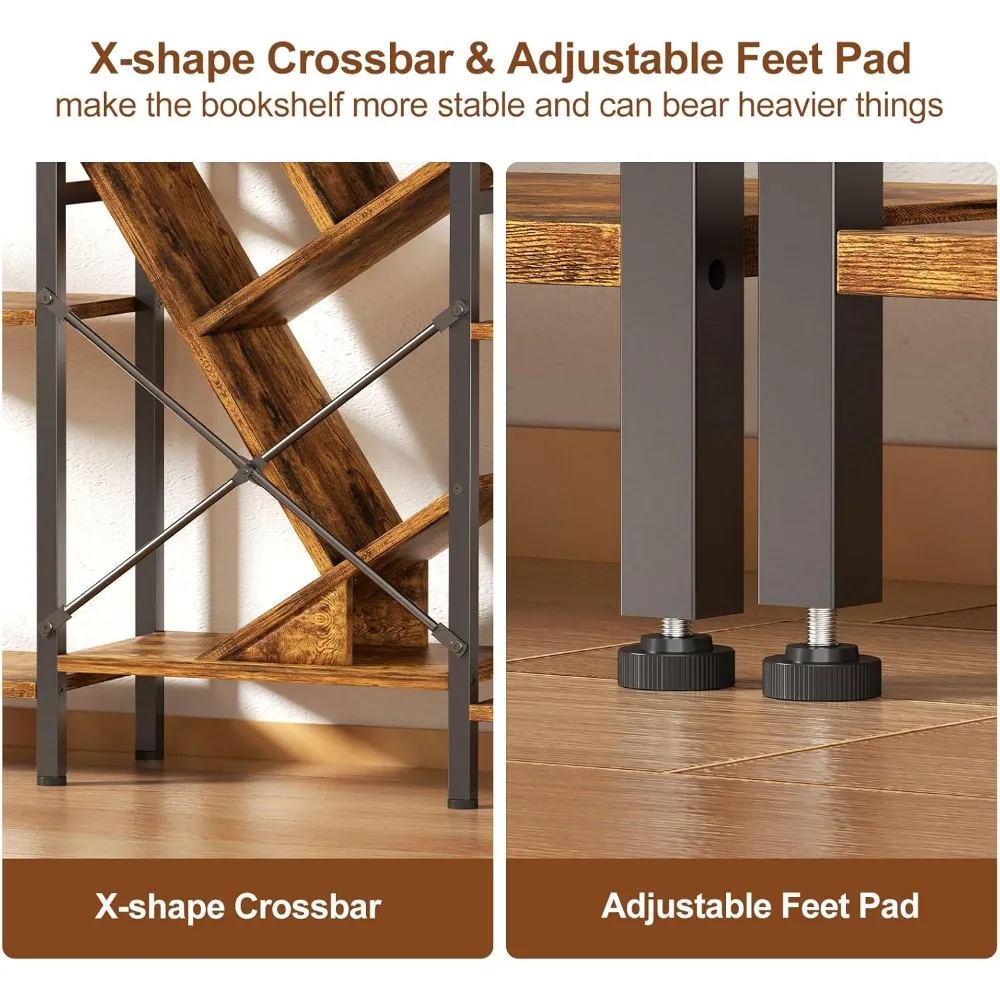 رف كتب خشبي كبير على الطراز الصناعي مع 19 رفًا مفتوحًا، وحدة عرض طويلة تشبه شجرة لمساحات المعيشة