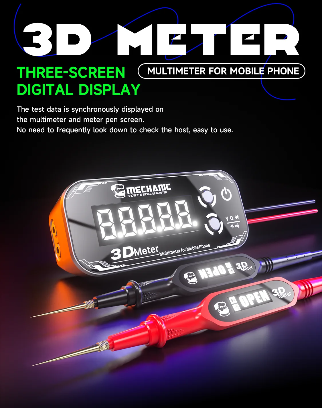 MECHANIC Detective 3.0 Professionelles Multimeter mit dreifachem 3D-Display, hochpräziser Digitaltester für Mobiltelefone und Leiterplatten