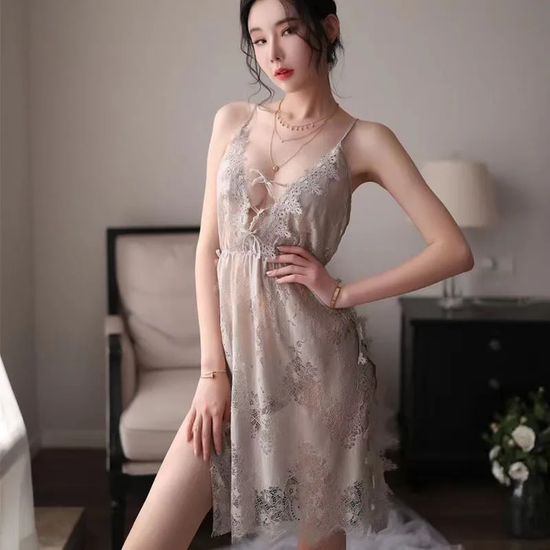 Grey Floral Hollowed Out Lace Nightdress Womens Nightgown Sleepwear Lingerie Dress Spaghetti Strap Sleeping Dress with Thongs