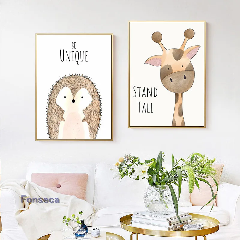 Nursery Animal Posters and Prints Cartoon Rabbit Fox Hedgehog Poster Wall Art Be Kind/Brave Canvas Paintings In The Kids Room