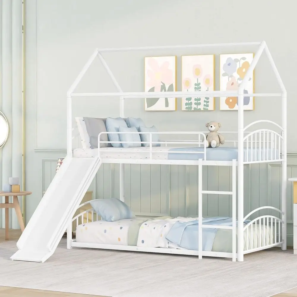 

Twin Over Twin Metal Bunk Bed with Slide, Ladder, and Safety Rail for Kids and Teens - White