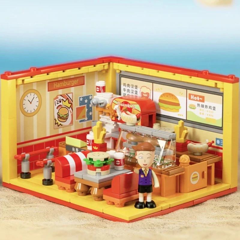 Chibi maruko-chan pilha casa bloco de construção hambúrguer loja sushi casa vista rua modelo decoração brinquedos educativos natal