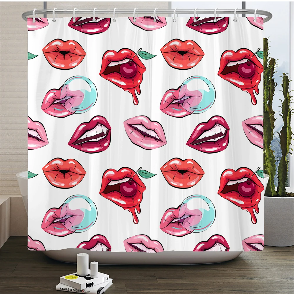 Cute Sexy Red lip Shower Curtains Waterproof Fabric Polyester Pink Love Girl Bathroom Curtain with Hooks Home Bath Drape Decor