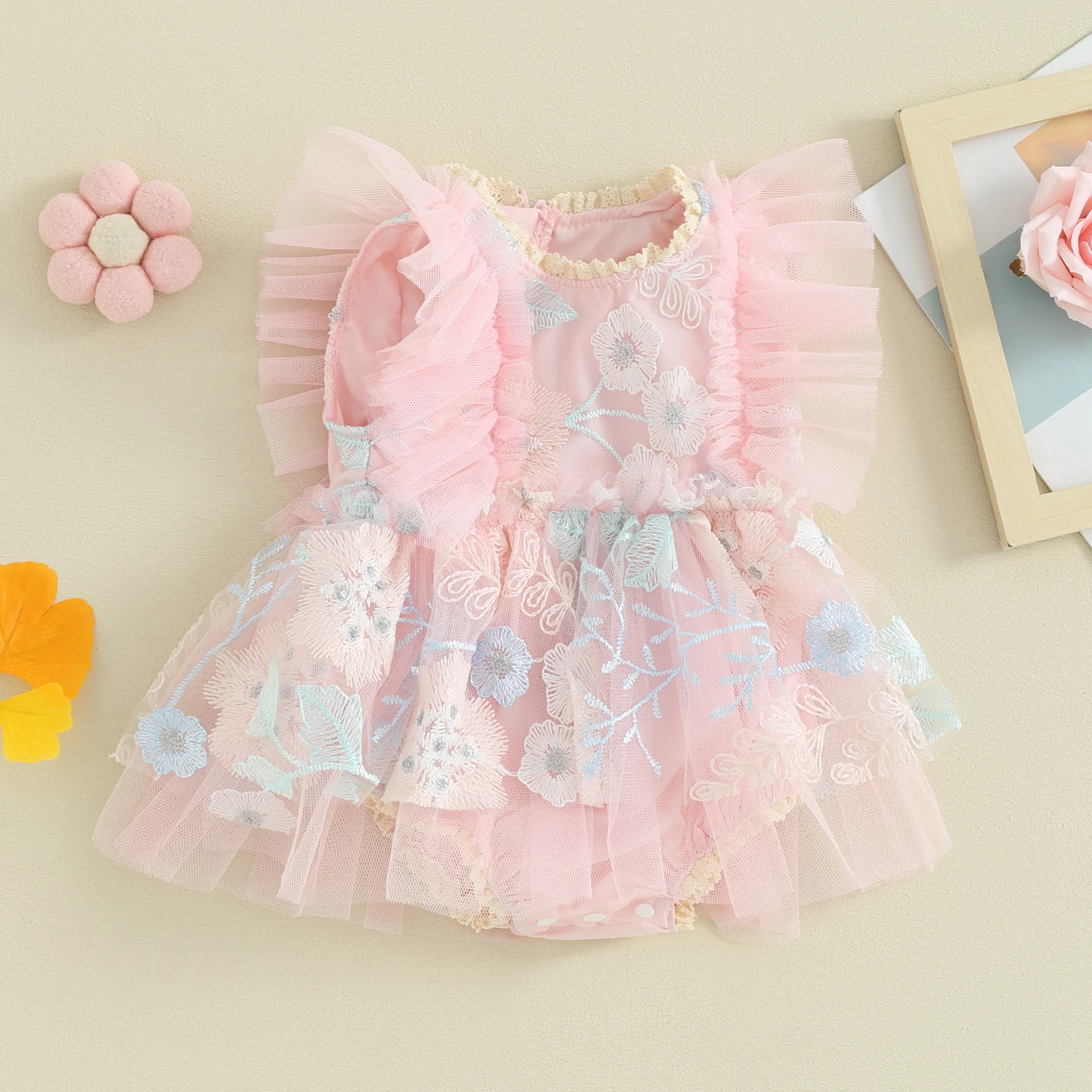 Summer Baby Clothing Girls Romper Dress Ruffle Fly Sleeve Embroidery Flower O-Neck Tulle Mini Dress Infants Girl Clothes