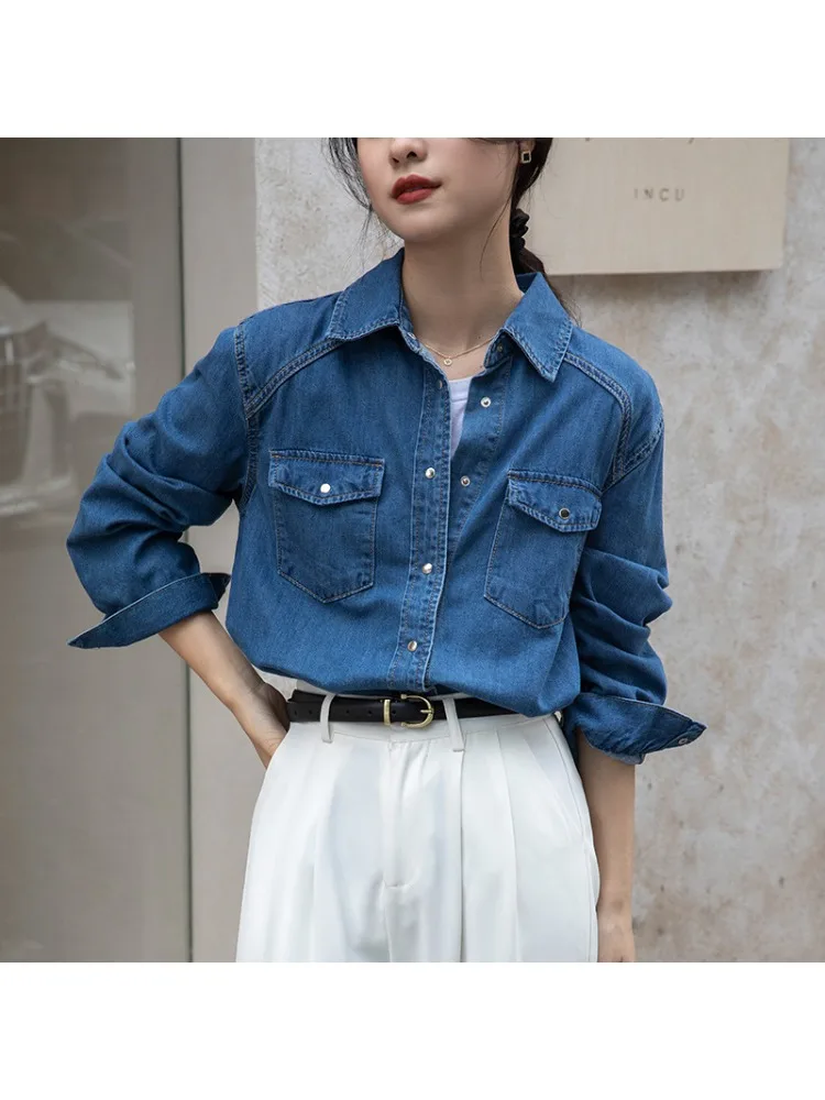 Women Denim Shirt Casual Commute Comfortable Retro Blouse Spring Summer Polo-neck Pockets Single Row Two Buttons Female Clothing