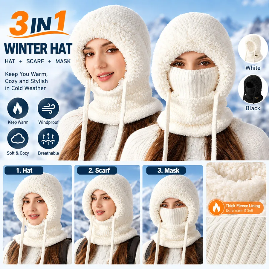 Outdoor Casual Winter Women Beanie Hat 2026 New, 3-in-1 Fleece Lined Knit Hat Scarf Face Mask White Black
