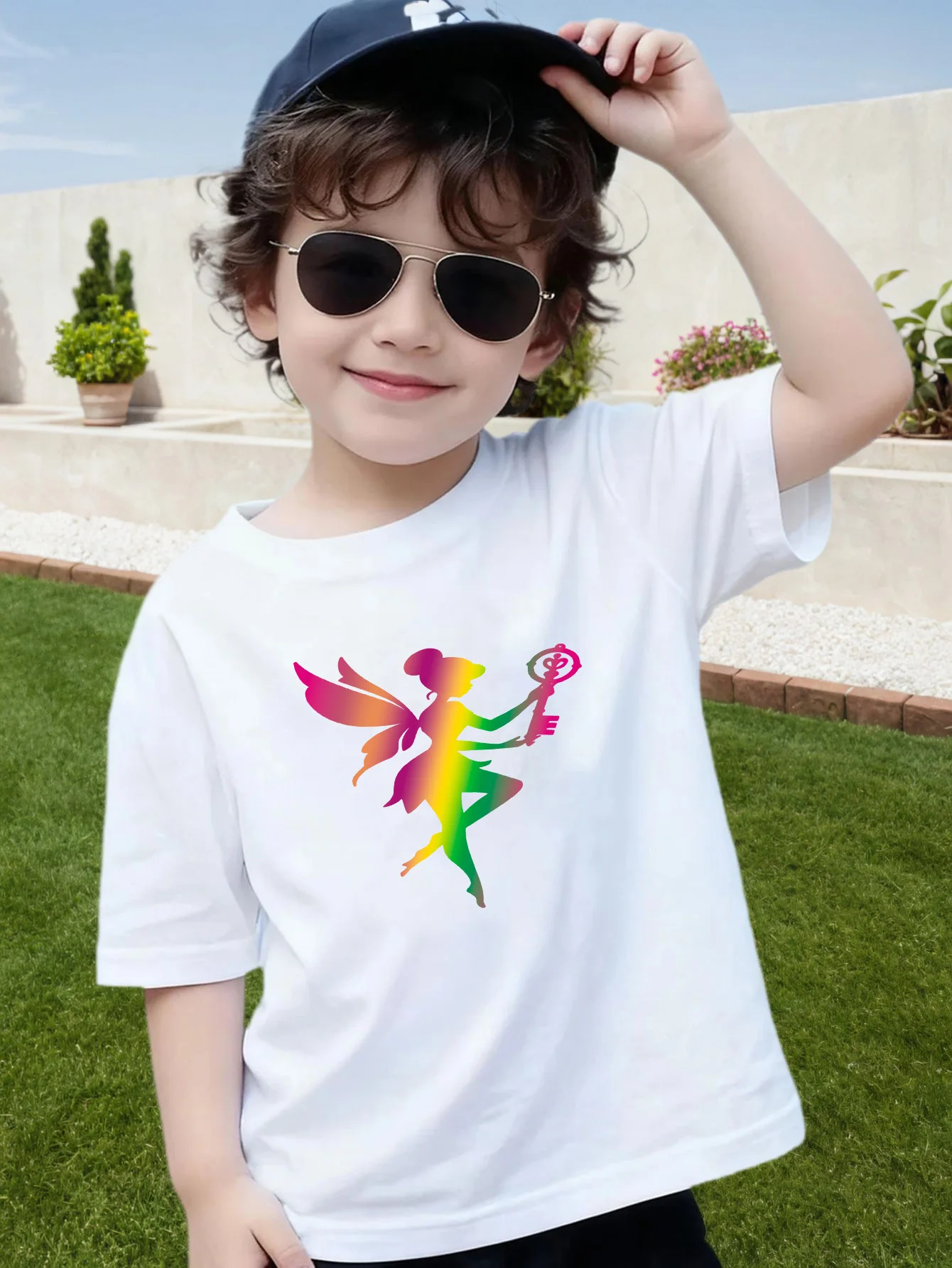 Colorful Gradient Fairy Silhouette Print Boys Girls Family Matching Cotton Short Sleeve Crew Neck Soft Summer Kids Casual Tees