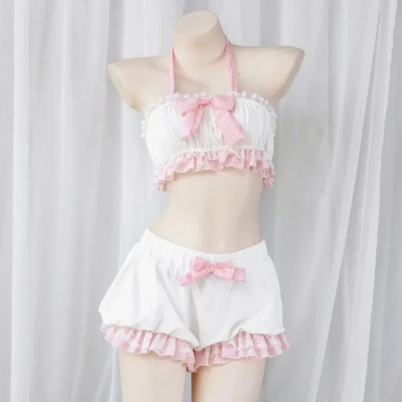 Lolita Cute Girl Ruffles Women Kawaii Maid Outfit Sweet Sexy Sleepwear Servant Cosplay Costumes Bow Lace Tops and Bloomers Set