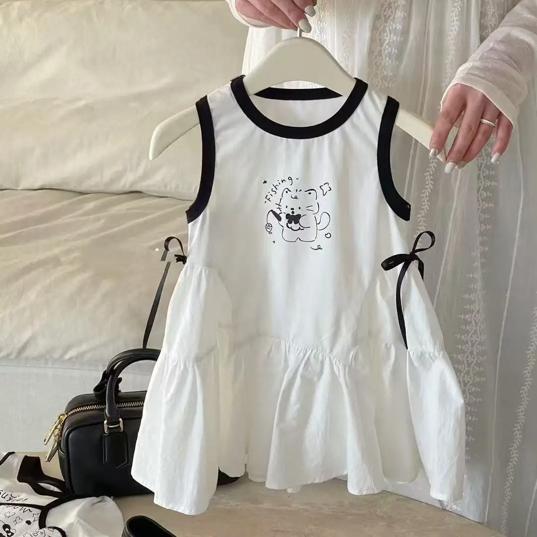 Girls Casual Dresses Cartoon Cat Print Sleeveless Dress Bow-tie Casual Princess Dress for Girls Toddler Girl Clothes
