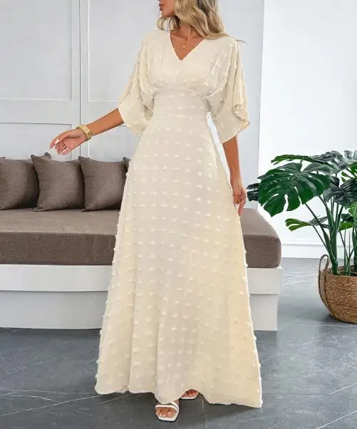 

Elegant Short Sleeved Minimalist Dress, Summer Solid Color V-Neck Jacquard Pattern Waist Cinching A-Line Long Sleeved Dress