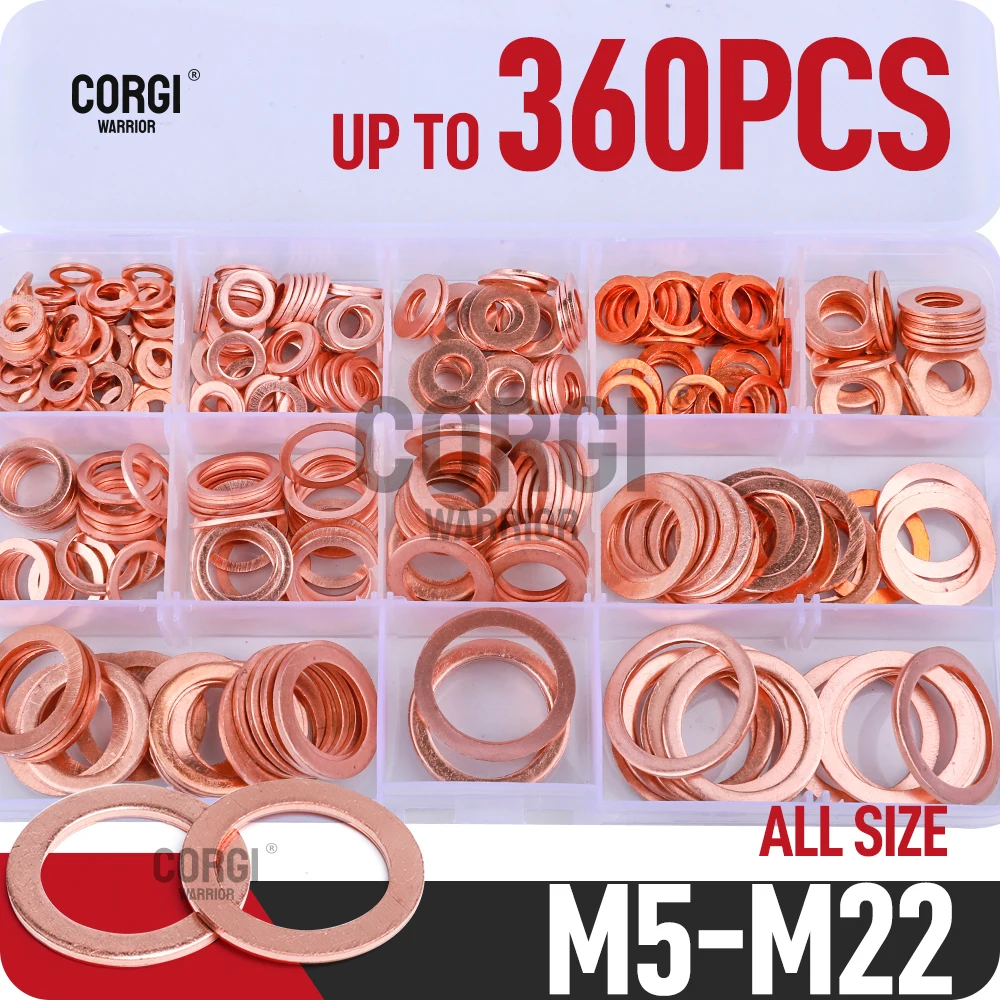 

Metric Copper Crush Washers Assortment Kit 80-360 Pcs All Sizes M5 M6 M8 M10 M12 M14 M16 M18 M20 M22 Flat Ring Sealing Washer