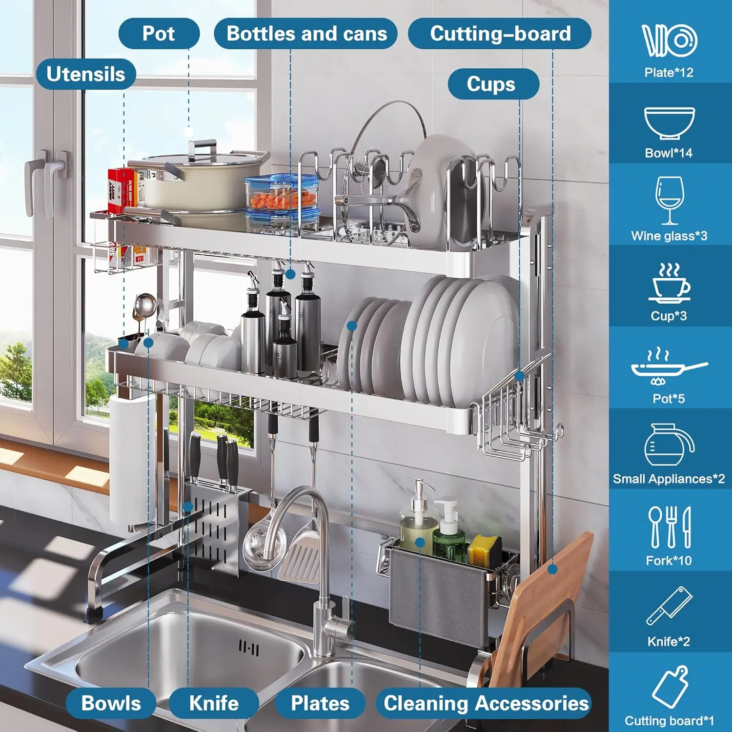 

Over The Sink Dish Drying Rack,3 Tier Adjustable Length Full Stainless Steel Large Storage Kitchen Dish Rack,for Kitchen Counter