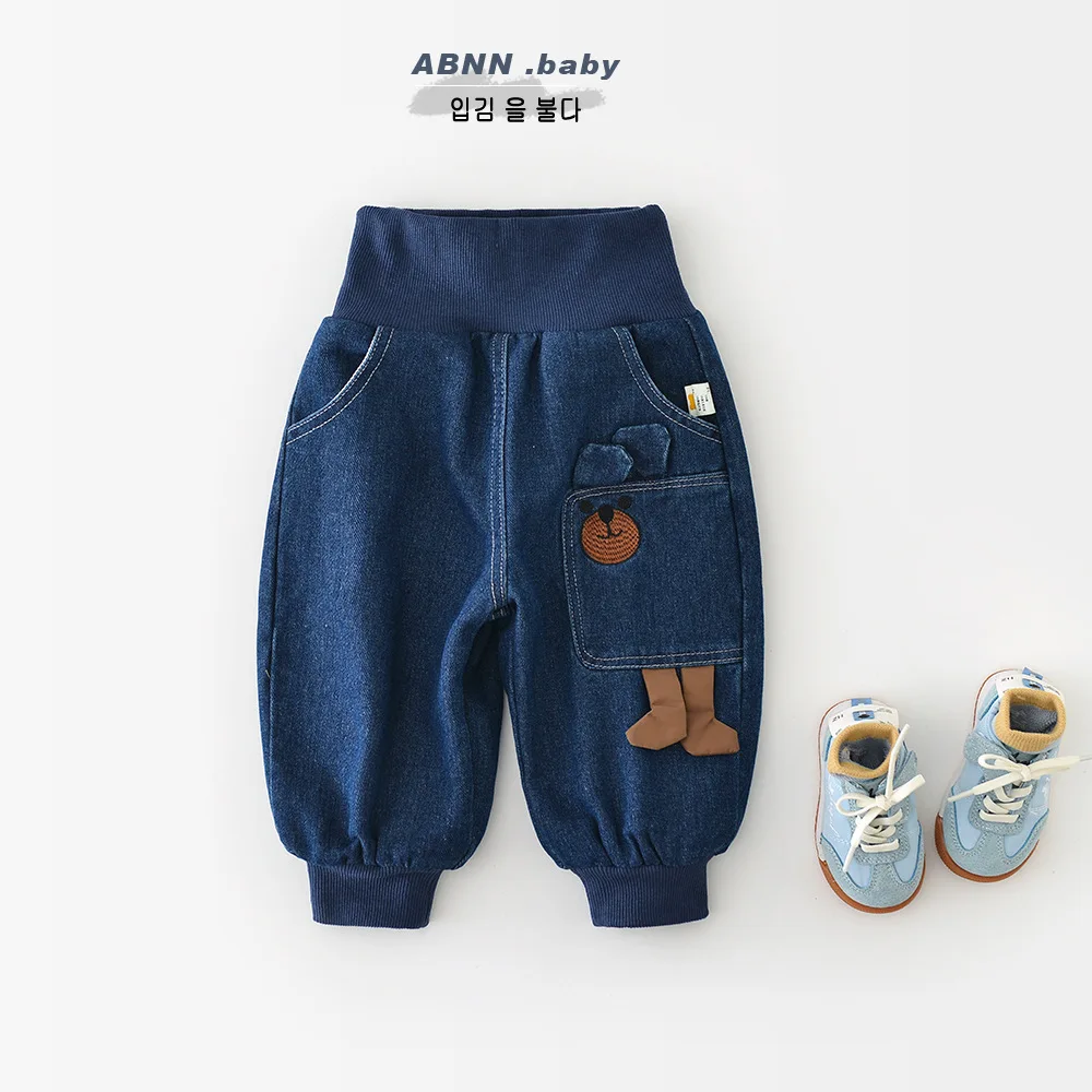 

Winter Kids Baby Boy Jeans Cartoon Print Thicken Warm Toddler Girl Demin Pant Elastic Waist Casual Children 1-3Y Girl Trouser