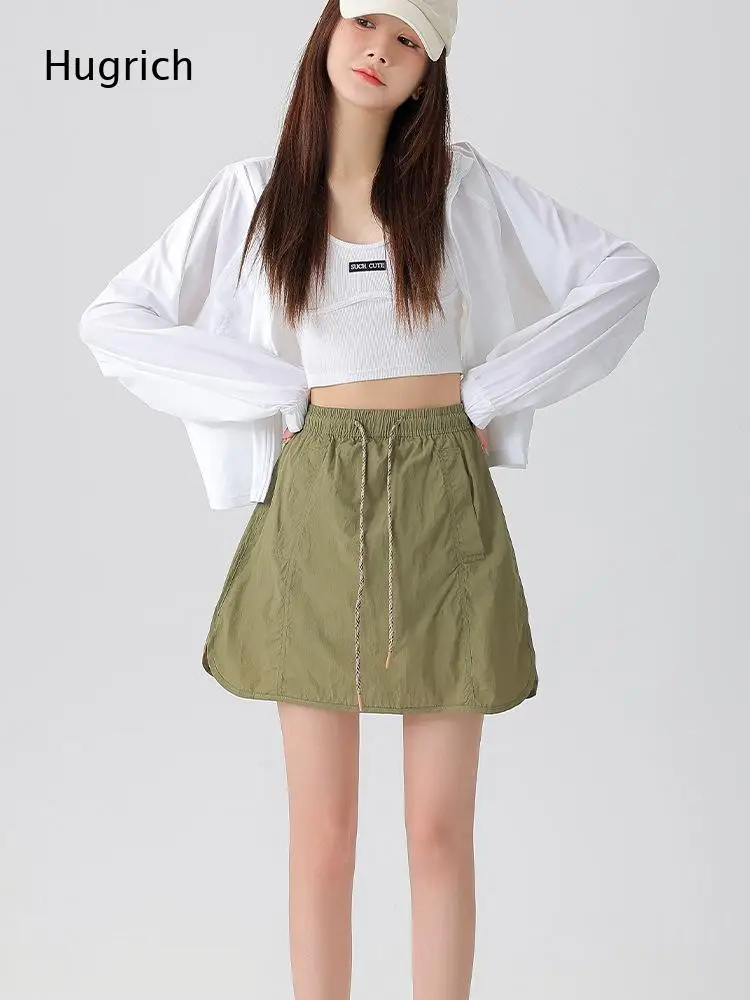 Ladies Casual Outdoor Skort Elastic High Drawstring Waist Curved Hem Side Pocket Quick Dry Light Thin Short Skirt