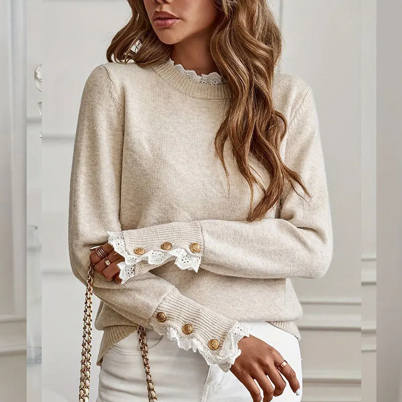 Women Lace Trim Knitted Sweater 2026 Autumn New Round Neck Long Sleeve Gold Button Pullover Top Casual Elegant Ladies Chic