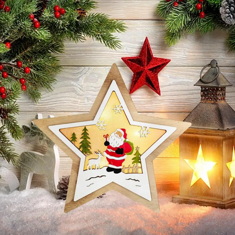 Christmas Star Decor Festive Wooden Christmas Ornament Set with Light-up Snowman Santa Claus Elk Holiday Table Sign for Home