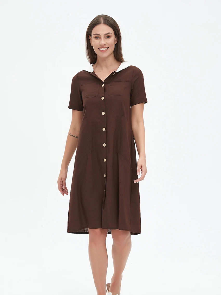 Parc Fee – robe mi-longue décontractée, ample, marron, à capuche, manches courtes, élégante, classique, Patchwork, à la mode, 2025