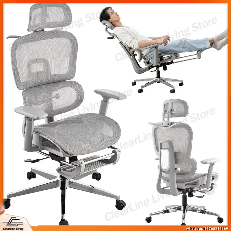 Cadeira de Escritório Ergonômica com Encosto Alto em Malha, Suporte Lombar, Apoio de Cabeça Ajustável, Braços e Descanso para os Pés para Trabalho em Casa, Escritório e Jogos