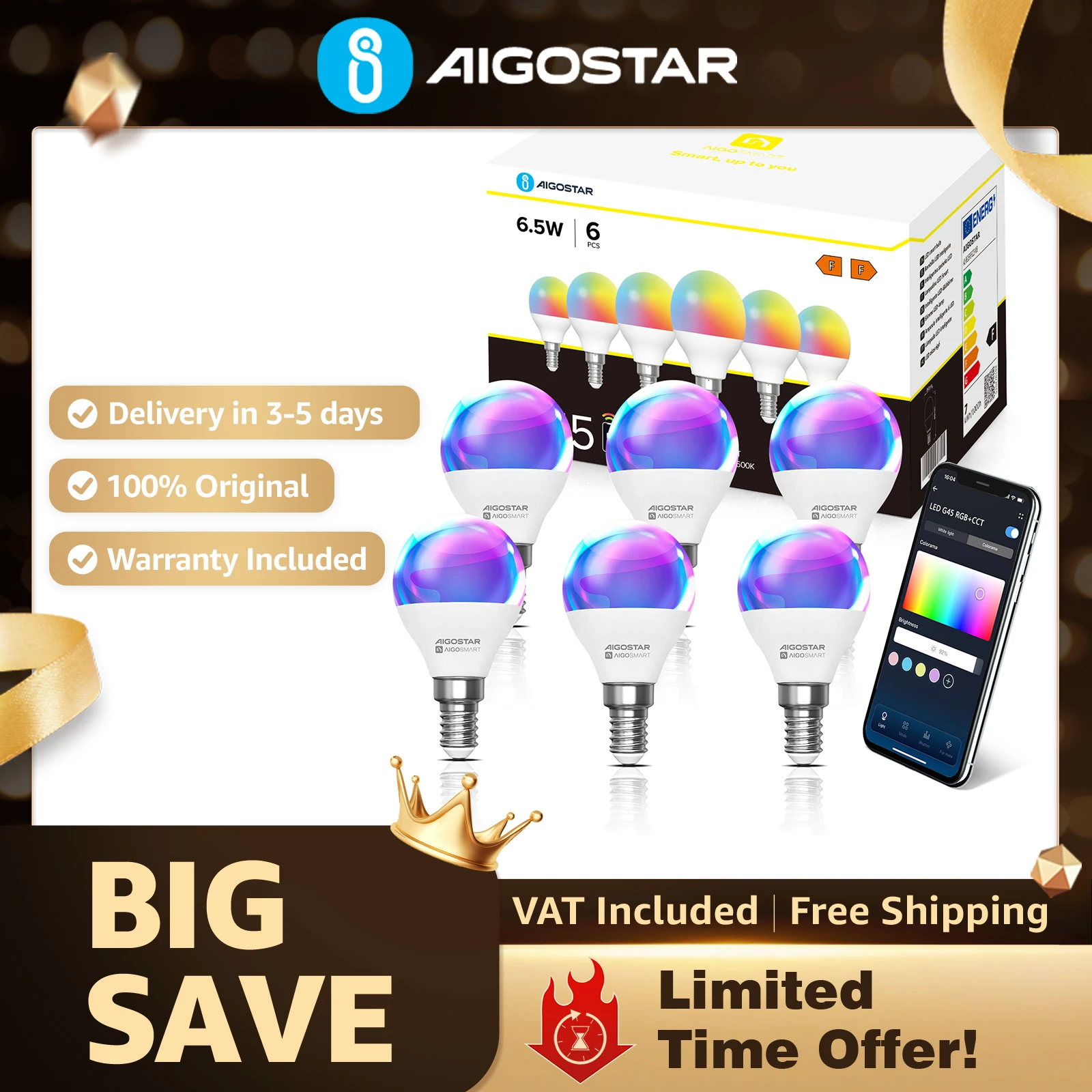Aigostar Bombilla Inteligente, Bombilla Wifi G45 E14 6.5W, Bombilla Led Inteligente RGBCW Compatible con Alexa/Google Home