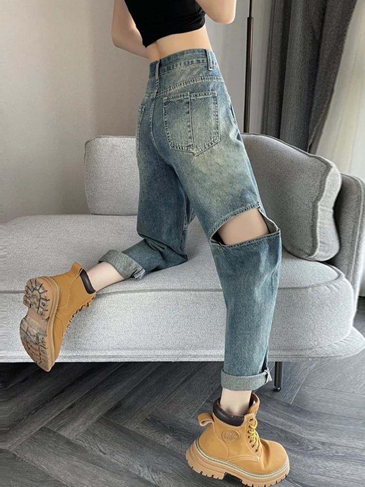 Hole Harem Jeans Women Spring Cuffs Asymmetrical Washed Vintage Japanese Style Loose Office Lady All-match High Waist Streetwear