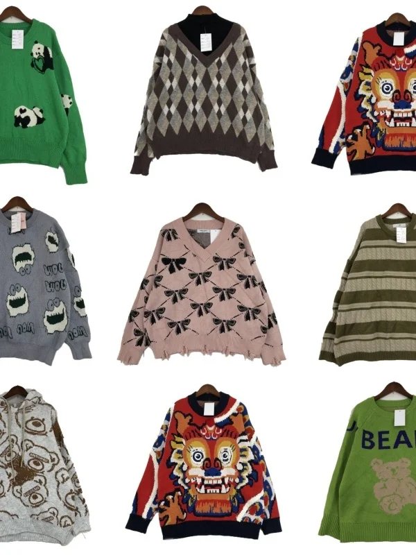 

Vintage Women's Woolen Knitted Sweater Winter Warm Fce Netie Cartoon Embroidery Street Sle Straight Fit Long Sve