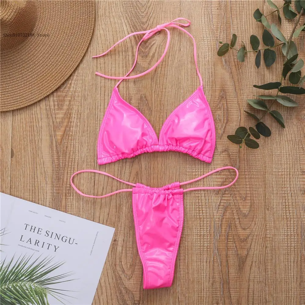 Summer and Autumn Pure Color Simple Shiny Leather Fabric Triangular Cup Sexy Strap Thong Bikini Swimsuit