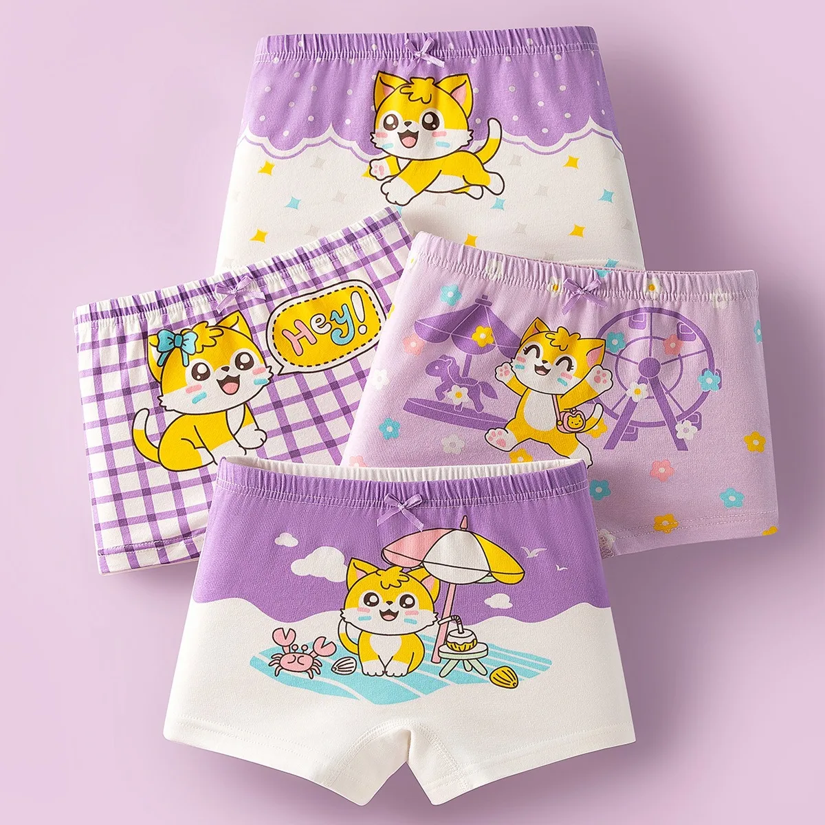 

4-Piece Cotton Girls Boxer Briefs Comfortable Fit Children Underwear Girls Boyshort Non-fading Cute Cat Cartoon Kid Boxer Shorts