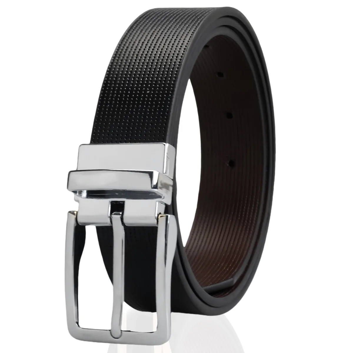 Neuer Herrengürtel aus Leder mit drehbarer Schnappverschluss-Schnalle und zweifarbigem Korpus, Luxus-Herrengürtel aus echtem Leder, 3,3 cm breit – Detail 6