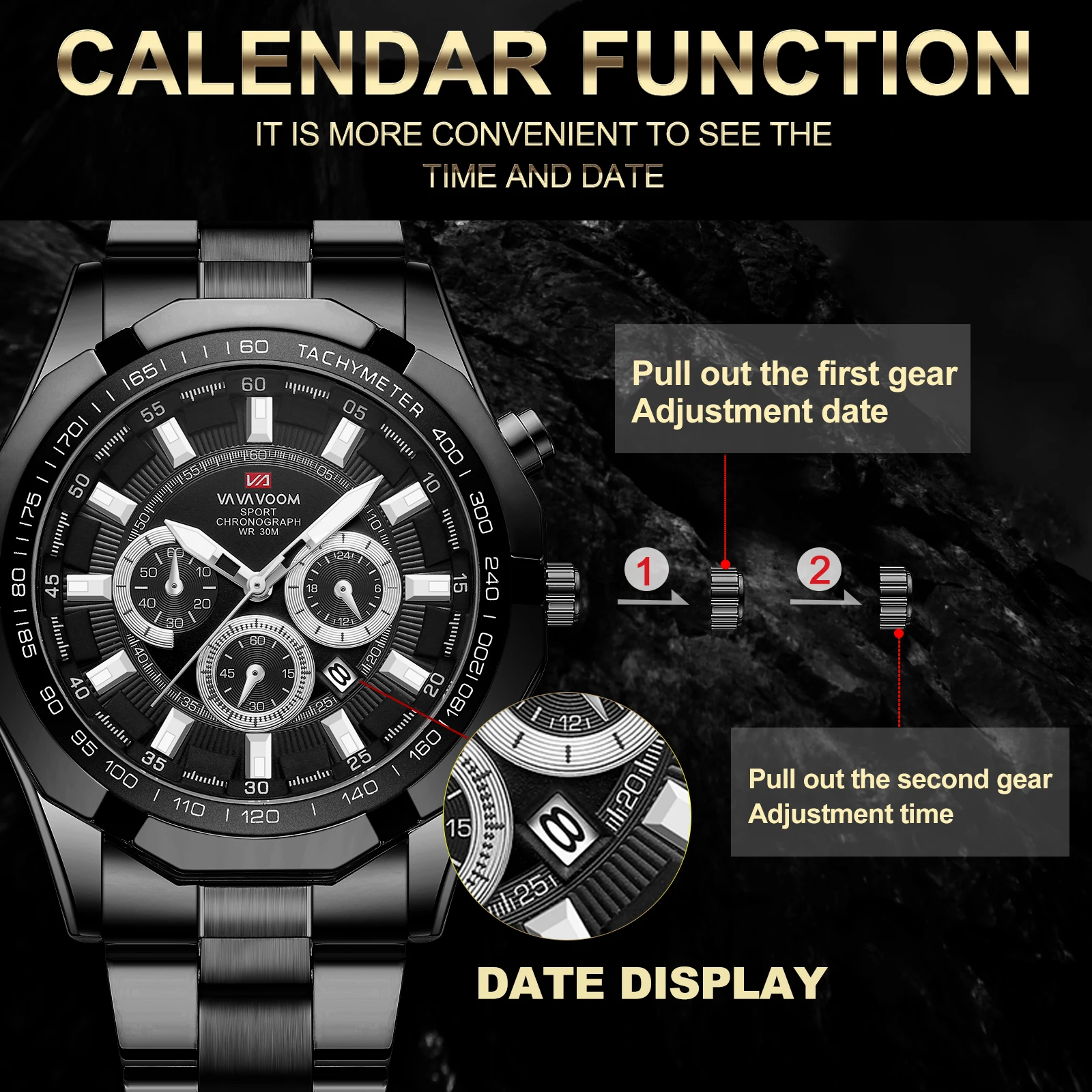 2025 New Black Men Watch Stainless Steel Business Style 46.5mm Waterproof Quartz Movement Original Quartz Movement Watch for Men