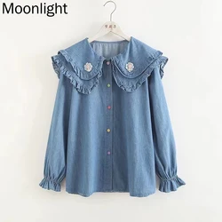 3D Flower Ruffles Peter Pan Collar Denim Shirt Women Autumn Japanese Sweet Mori Girl Long Sleven Single-breasted Female Blouse