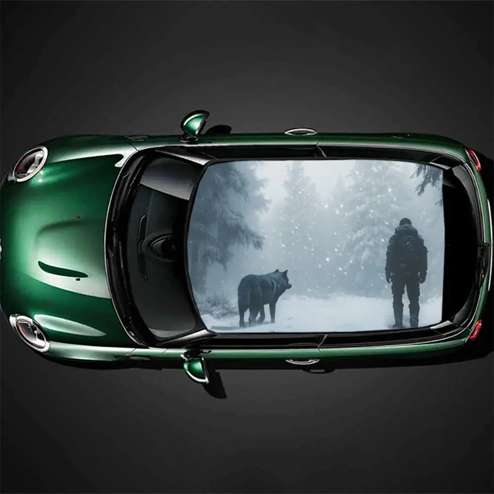 

A Lonely Traveler and A Wild Wolf in The Snowy Field;Gift, DIY, Car Vinyl Wraps, Premium PVC Car Roof Decals, SUV and Van Racing